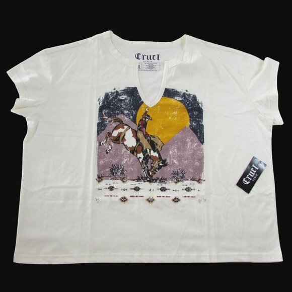 Cruel Women's XL Short Sleeve Notch Neck Bronc Rider Graphic Boxy T-Shirt Cream - Picture 1 of 4